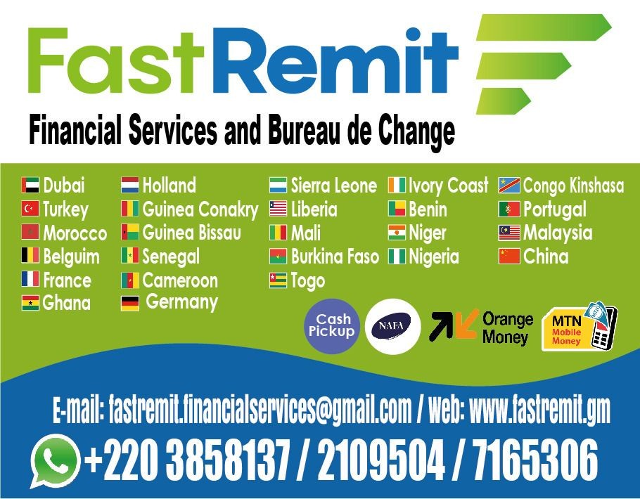 FastRemit financial services advertisement with contact info and list of countries served.